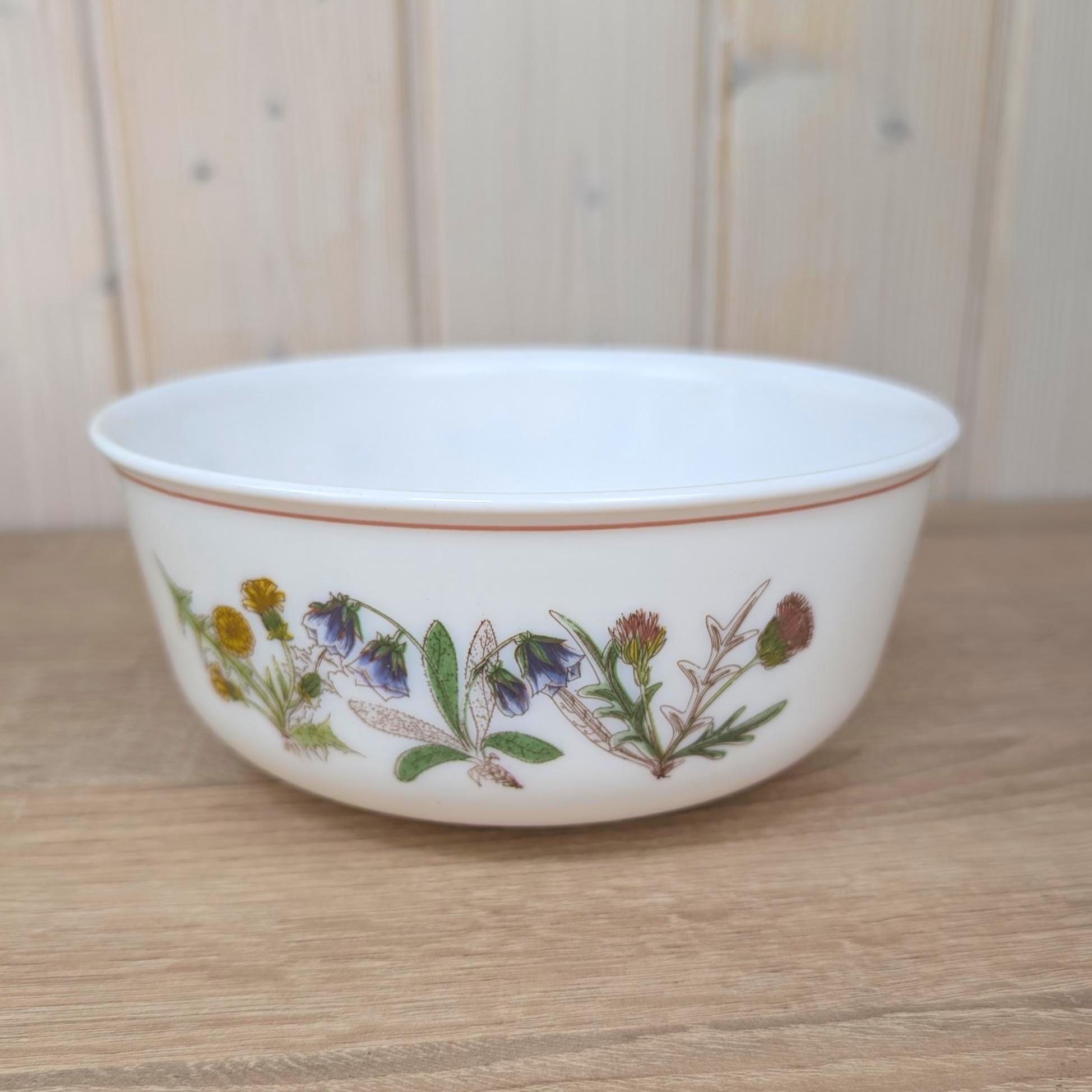 Nesting Bowls, Arcopal France Set of Two, Wildflower Botanical Decor, Opal Glass, 1970s