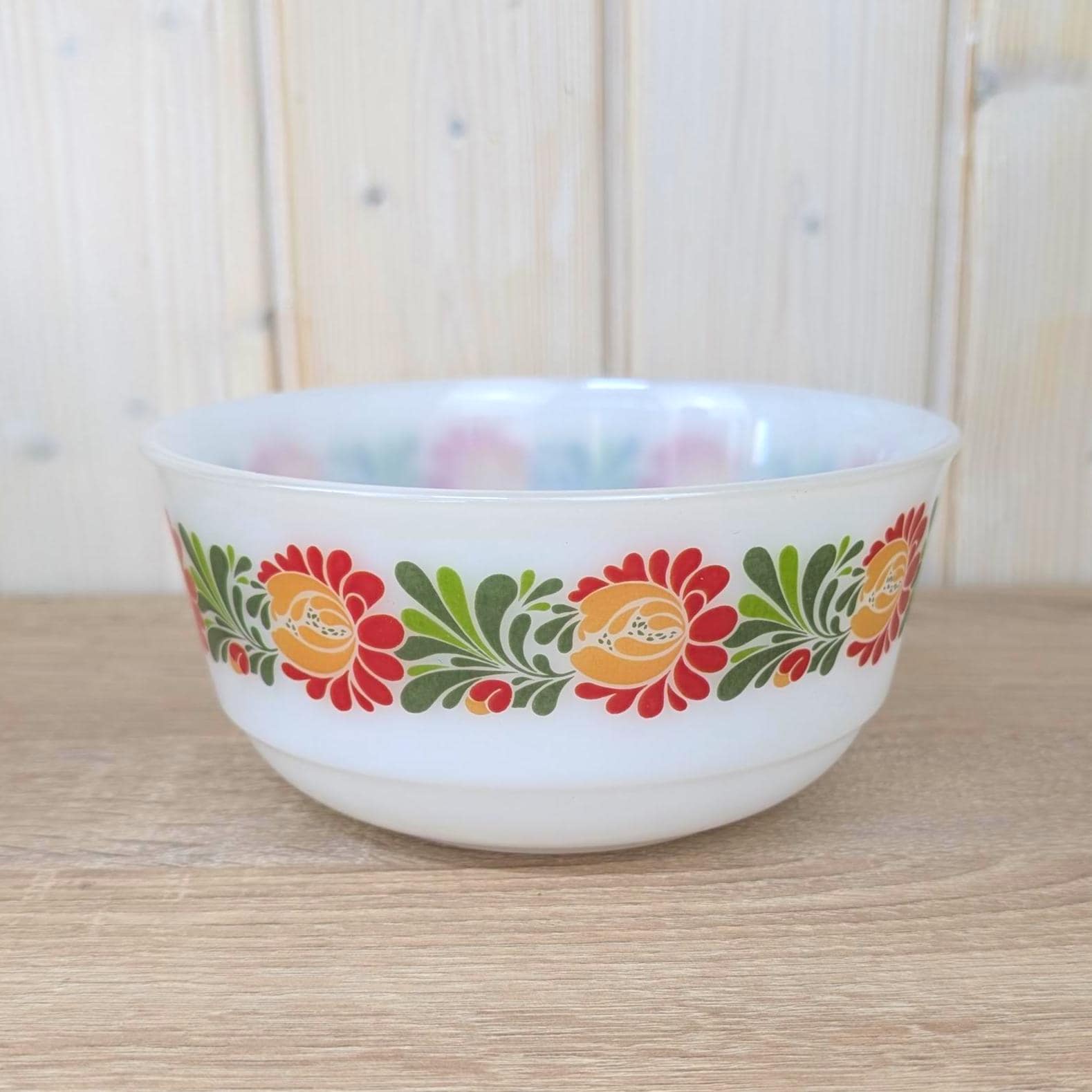 Glass Nesting Bowls, Schott Mainz Jenaer Set of Two, Folk Art Tulip Decor, Opal Glass, 1970s Germany